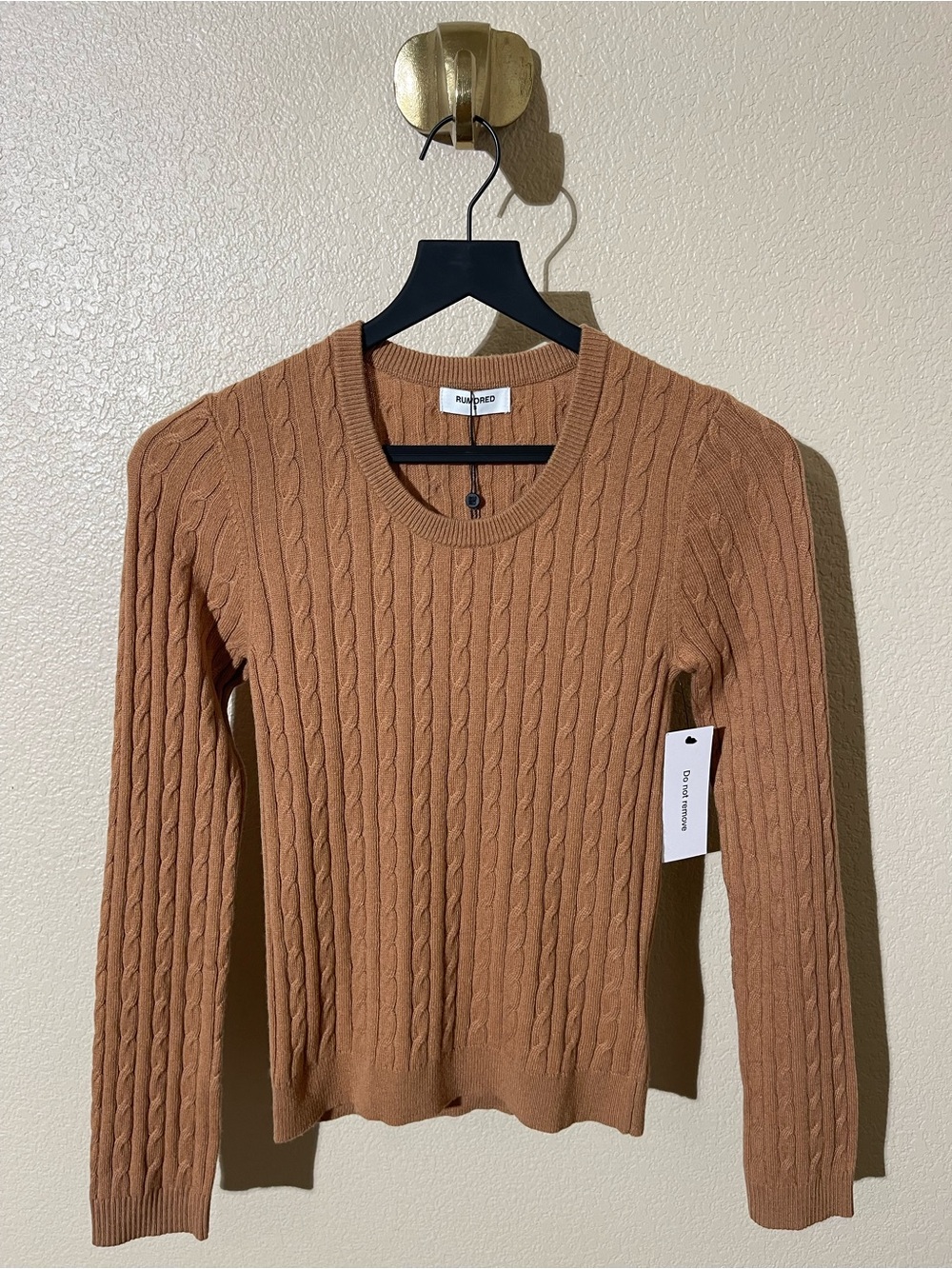 Rumored Cable Knit Crewneck Sweater — Camel Brown